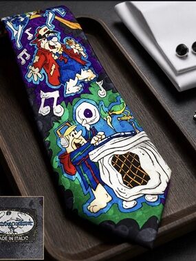Fred & Barney Flinstone Music party Necktie Tie green,blue,yellow,black